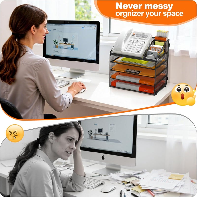 Docnest 5 Tier Metal Mesh Letter Tray - Space Saving Desk File Organizer with Handle, Pen Holder & Folder Holder - Desktop Document Sorter for Office, Home, School, Classroom - Black - Image 3